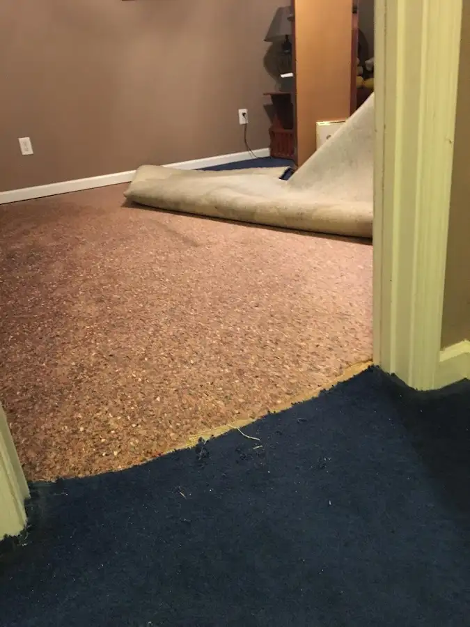 Carpet pad removal revealing water damage during Water Mitigation Services in Nanticoke